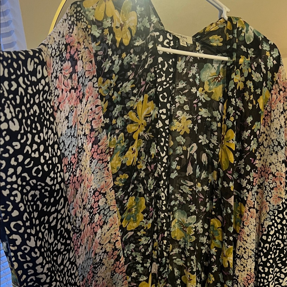Umgee Black Sheer Kimono with Yellow & Teal Floral Print